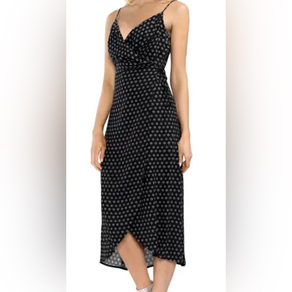 Vince Camuto True Wrap Dress XL Black Small White Flowers Adjustable Straps NWT